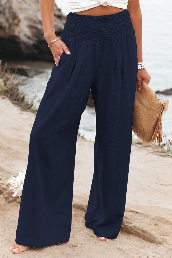 Damen weite Leinenhose mit elastischem Bund und Falten Echoarchiv