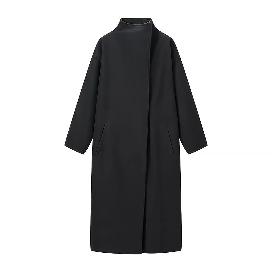 Damen nan minimalistischer Longmantel mit Stehkragen, verdeckter Frontleiste und schrägeingesetzten Eingrifftaschen Echo Archiv