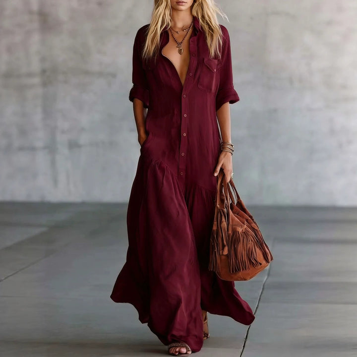 Damen Langes fließendes Hemdblusen-Maxikleid mit Knopfleiste, aufgesetzten Brusttaschen und seitlichen Eingrifftaschen Echoarchiv