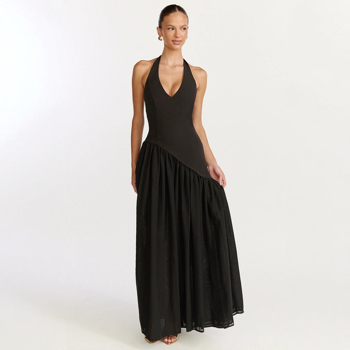 Damen Maxikleid mit tiefem V-Ausschnitt und asymmetrischem Rock Echo Archiv