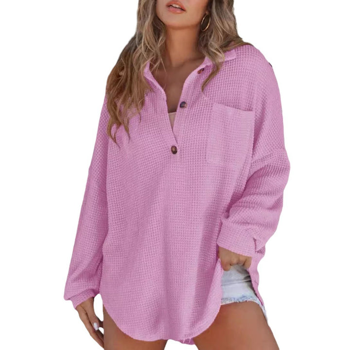 Damen Oversize Waffelstrick-Hemdbluse mit Kentkragen, Brusttasche und gerundetem Saum Echo Archiv