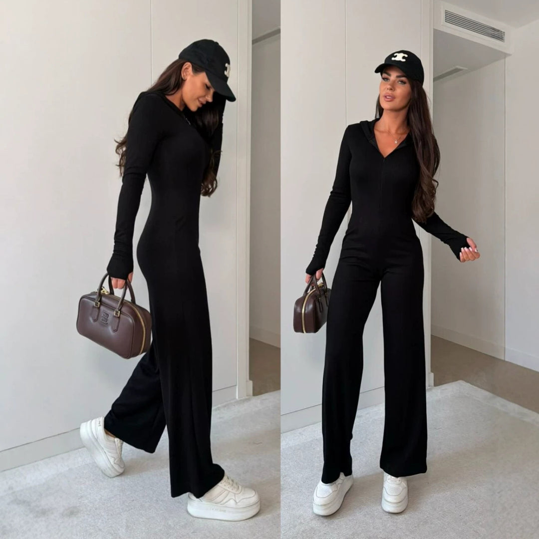 Damen Rippstrick Jumpsuit mit Kapuze und Front-Reißverschluss Echoarchiv