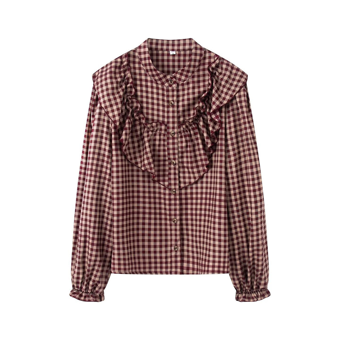 Damen Karierte Rüschenbluse mit Stehkragen und Volantdetails Echoarchiv