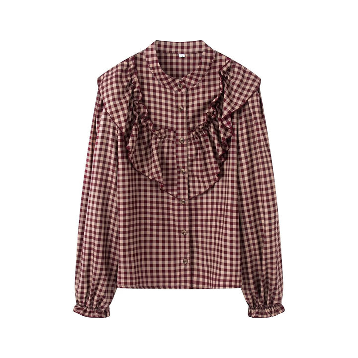 Damen Karierte Rüschenbluse mit Stehkragen und Volantdetails Echoarchiv