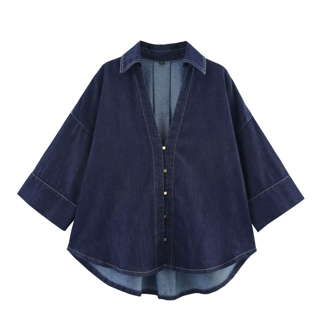 Damen Oversized Denim‑Hemdenjacke mit dreiviertel Ärmeln und High‑Low‑Saum Echo Archiv