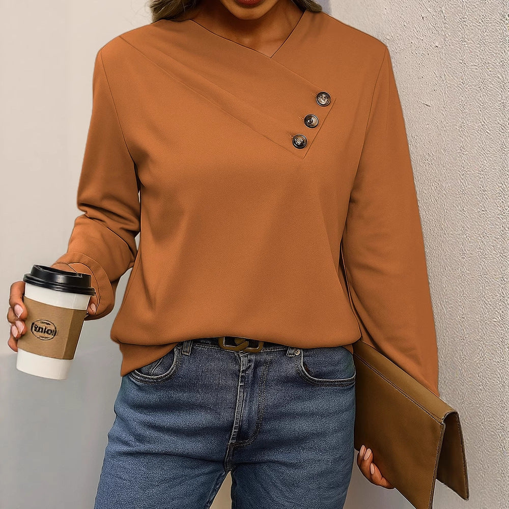 Damen Asymmetrische V-Ausschnitt Bluse mit Zierknopfleiste und Langarm – Élovi