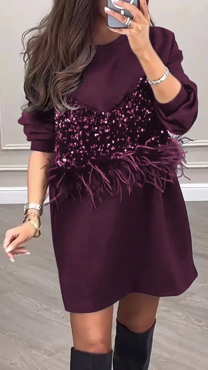 Damen nan Sweat-Minikleid mit Pailletten-Bustier und Federbesatz Echo Archiv
