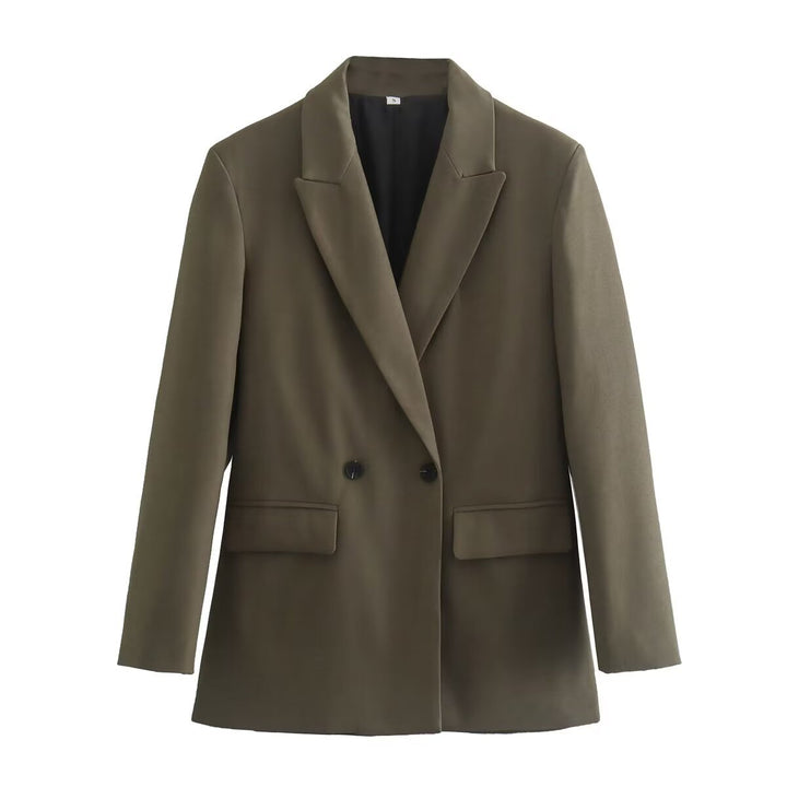 Damen figurbetonter zweireihiger Longblazer mit spitzem Revers leicht verlängertem Saum und Pattentaschen – Valéne