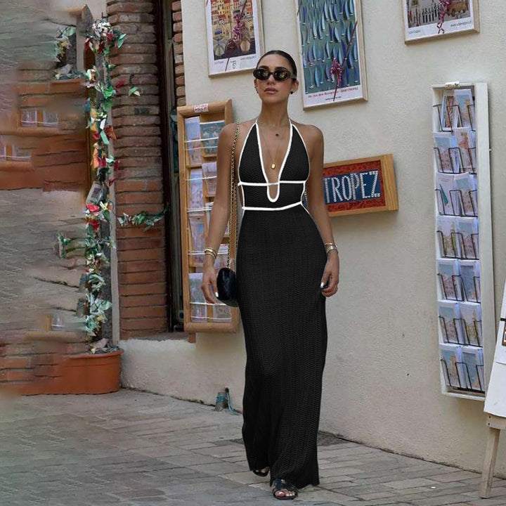 Damen Strick Maxikleid mit tiefem V-Ausschnitt und Bindebändern Echo Archiv