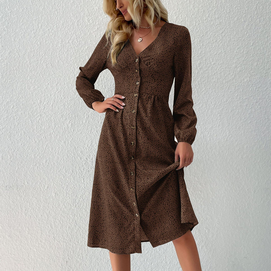 Damen V‑Ausschnitt Midikleid mit Knopfleiste, taillierter Schnitt und Ballonärmeln Echoarchiv