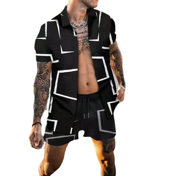Herren Kurzarm Grafikdruck Sommer Hemd und Shorts Set Echoarchiv