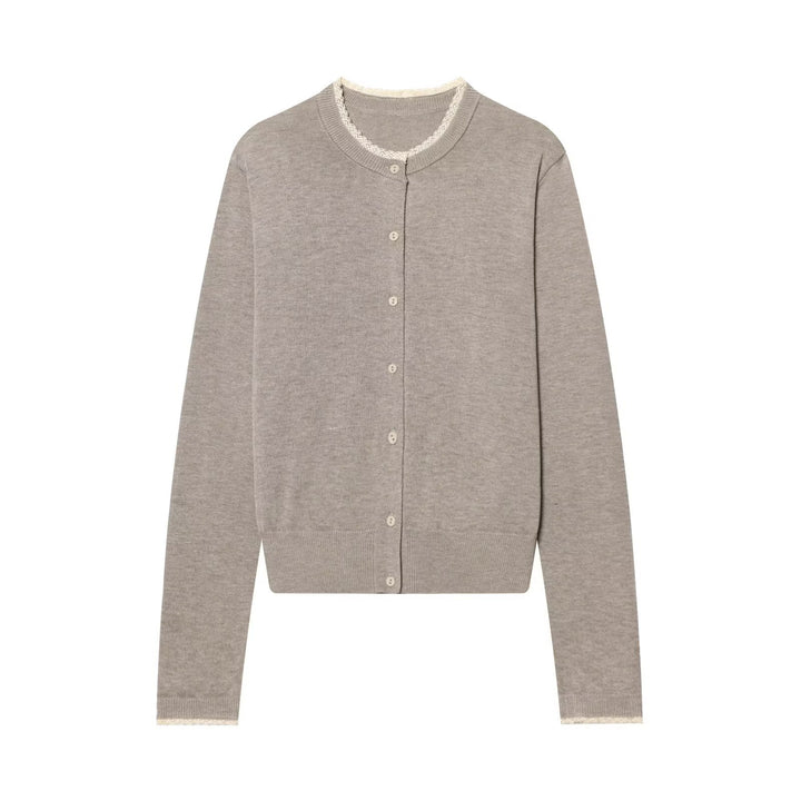 Damen Feinstrick-Cardigan mit Rundhals, Knopfleiste und Spitzenbesatz Echo Archiv