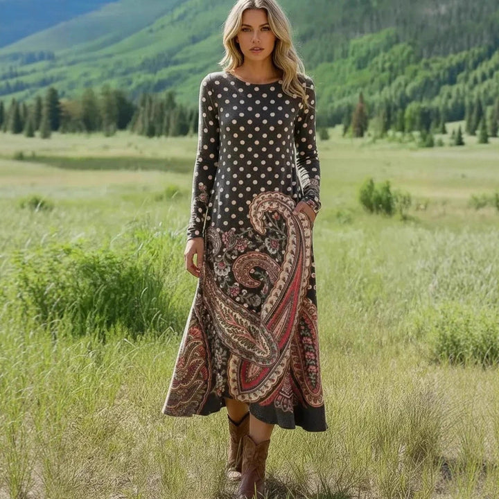 Damen Maxikleid mit Paisley‑ und Polka‑Dot‑Print, langärmeliges A‑Linien‑Jerseykleid – Valéora