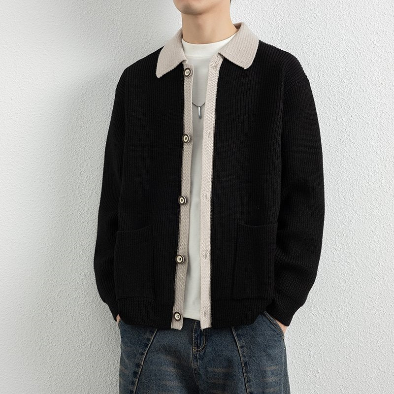 Herren Kontrastkragen-Strickjacke mit durchgehender Knopfleiste und aufgesetzten Taschen Echo Archiv