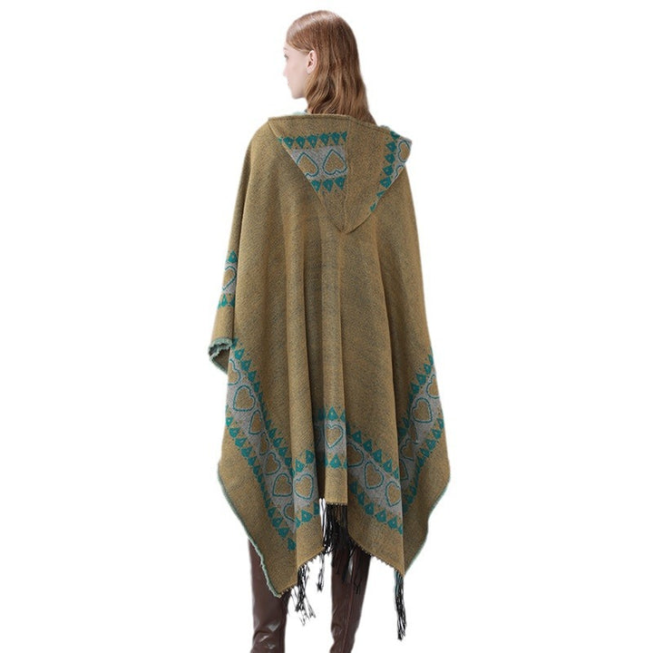 Damen Kapuzen-Capeponcho aus Wollmix mit Herz-Jacquard und Fransensaum – Célinea