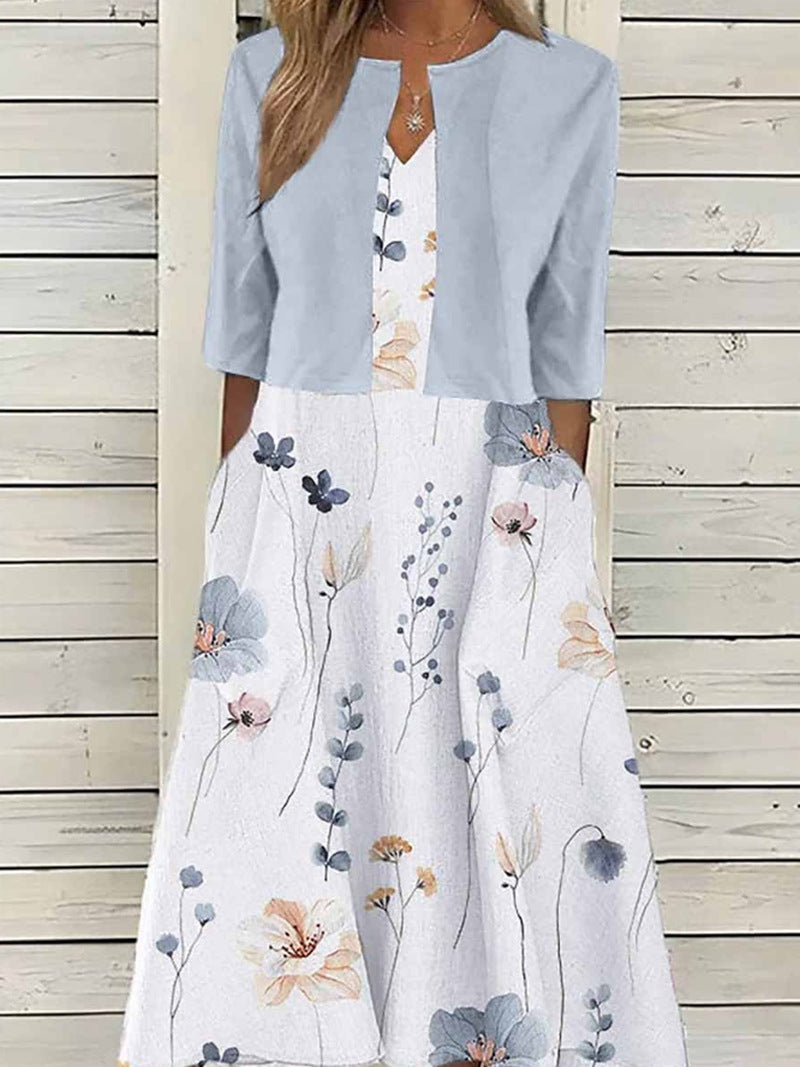 Damen nan Maxikleid mit separatem Bolero, V-Ausschnitt, Eingrifftaschen und floraler A-Linien-Silhouette Echo Archiv