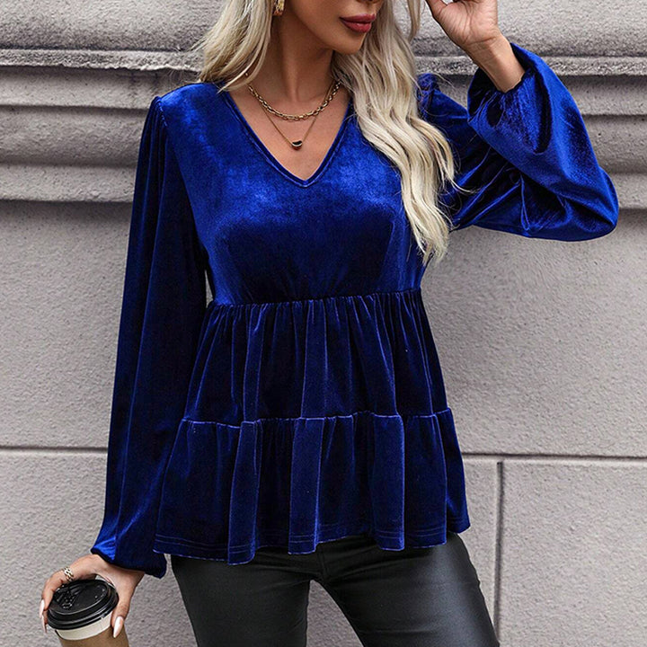 Damen samtiges Volant‑Peplum‑Top mit V‑Ausschnitt, geraffter Taille und langen Ballonärmeln – Avérine