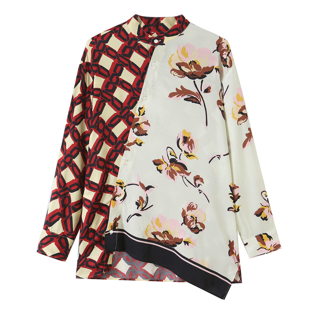 Damen Asymmetrische Seidenoptik-Bluse mit Kontrast-Print und Stehkragen Echo Archiv