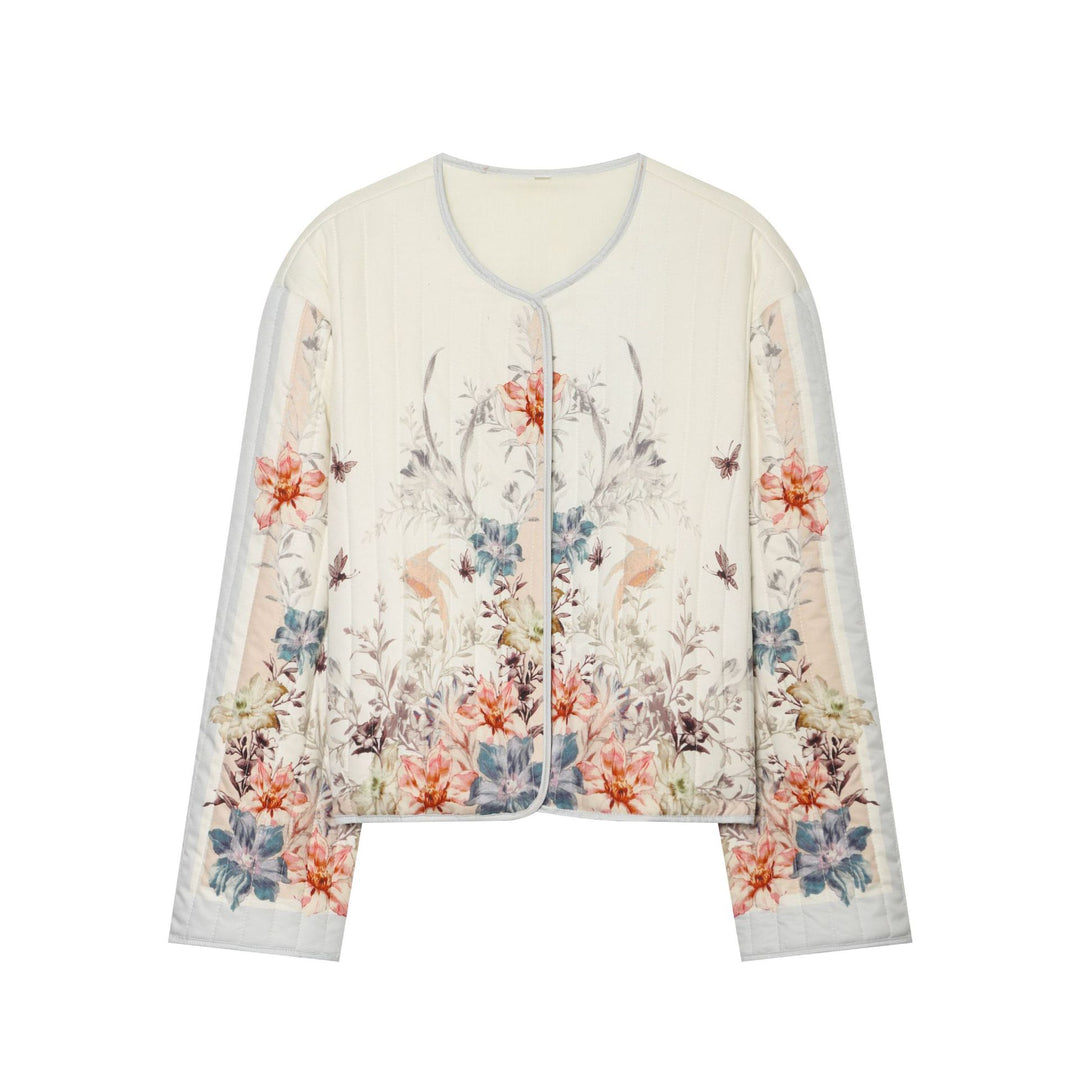 Damen Gestepptes Cropped Übergangsjacke mit floraler Allover-Print und Rundhalsausschnitt Echoarchiv