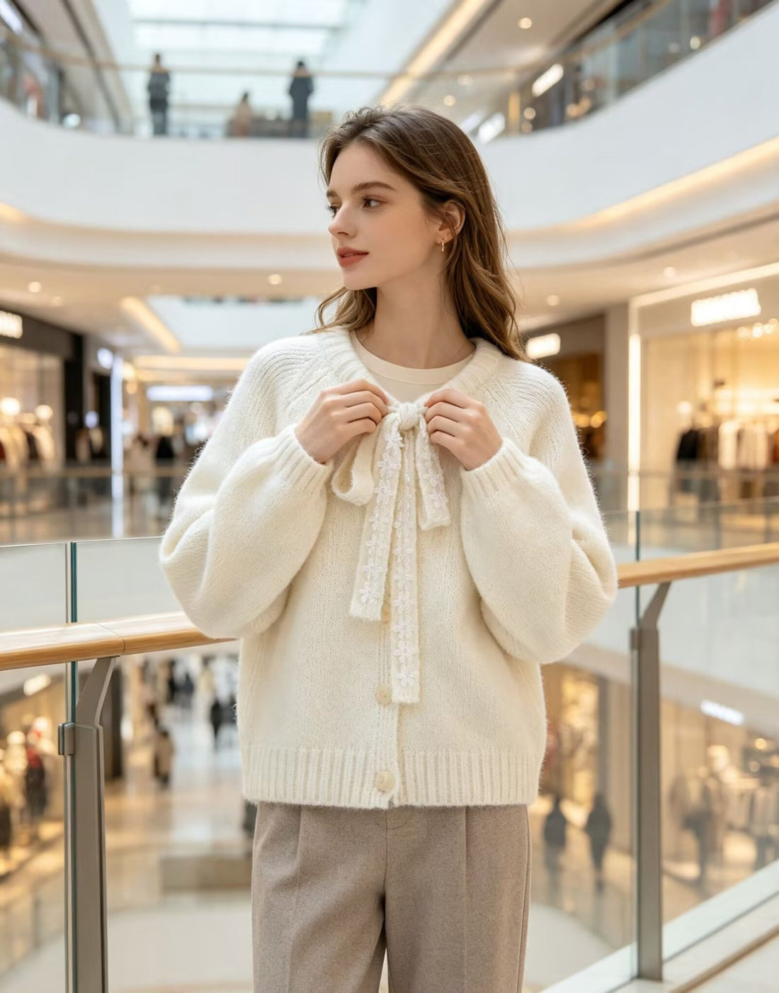 Damen Oversize Strickpullover mit dekorativem Blumen-Spitzenband Echoarchiv