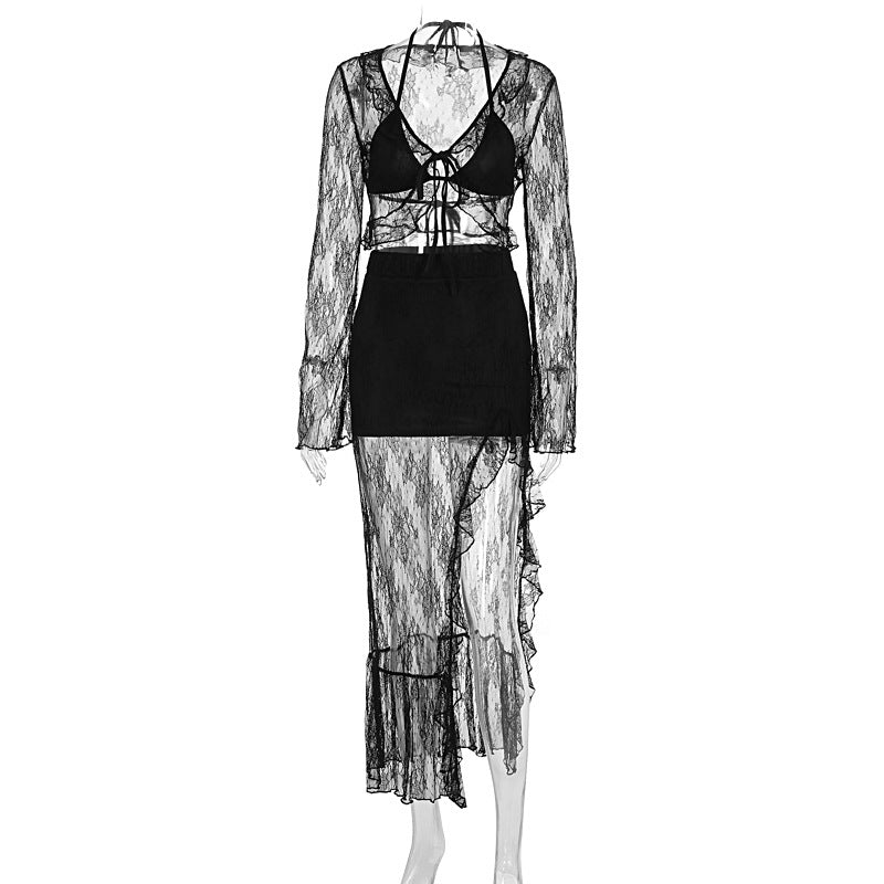 Damen Transparente Bluse mit Rüschenärmel und frechem Bindeband Echo Archiv