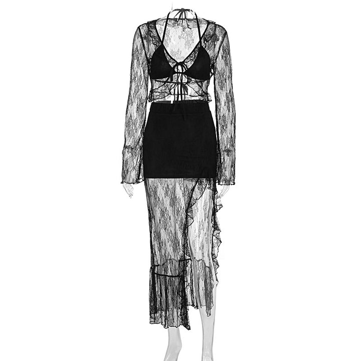 Damen Transparente Bluse mit Rüschenärmel und frechem Bindeband Echo Archiv