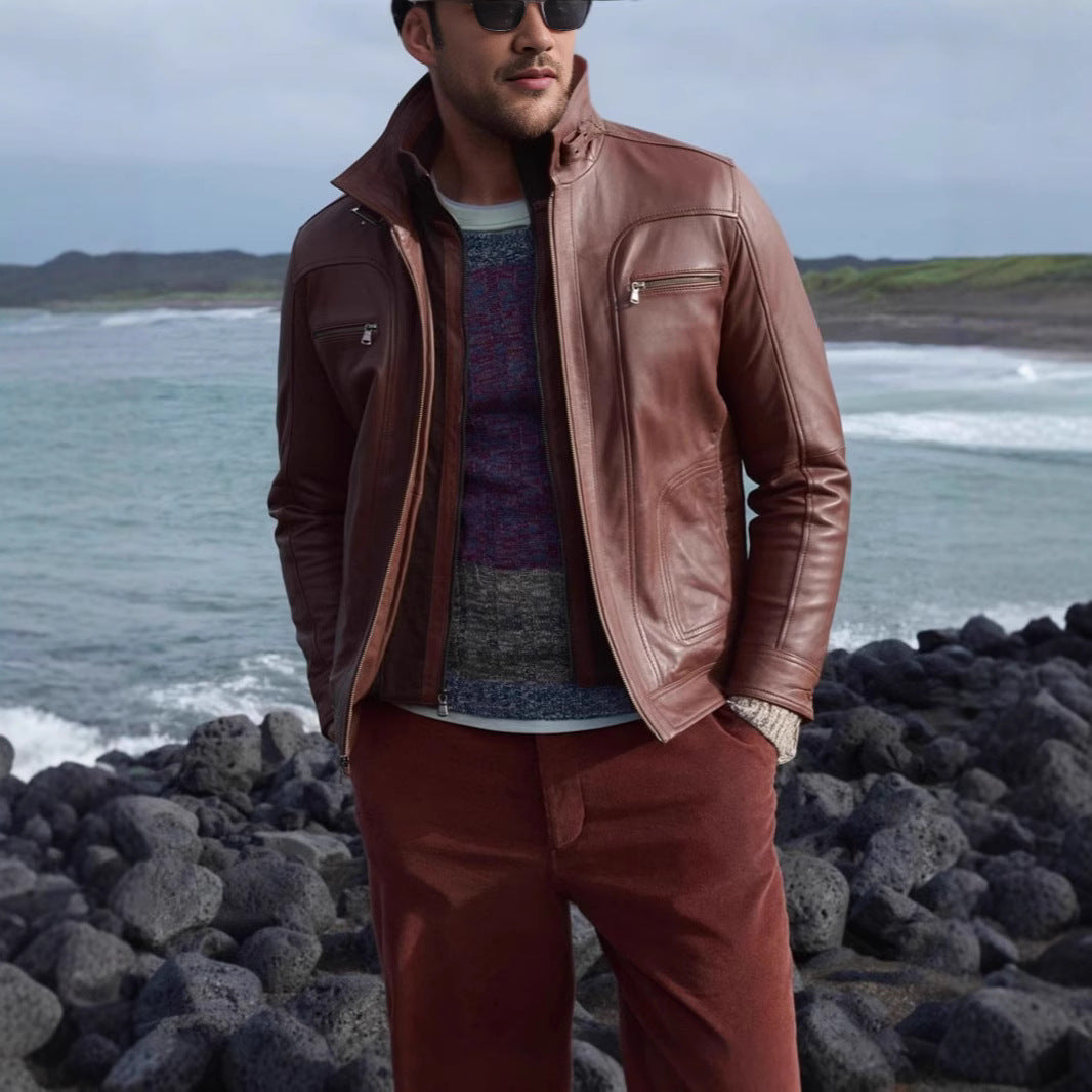 Herren lässige Lederjacke mit modernem Stehkragen und vielseitigen Taschen Echoarchiv