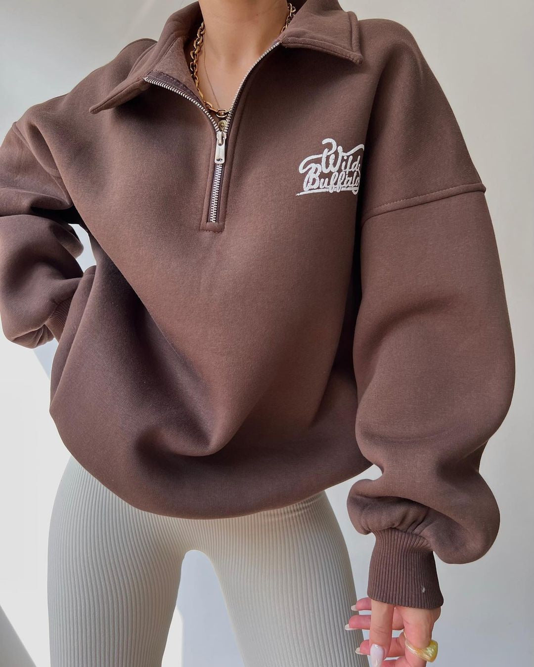 Damen Oversized Halbzip-Sweatshirt mit Stehkragen und gesticktem Logo Echoarchiv