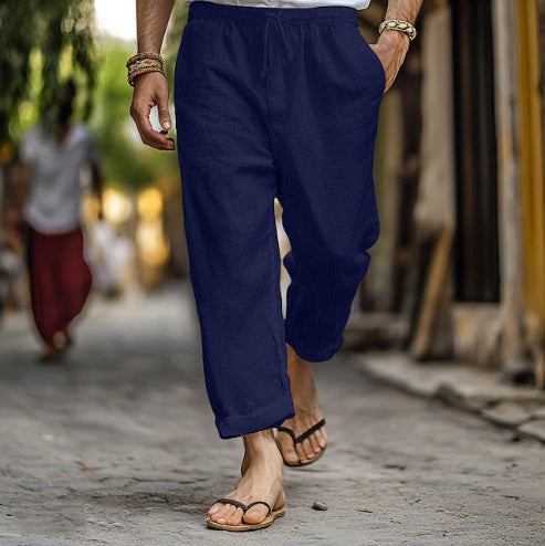 Herren lässige Leinen-Joggerhose mit elastischem Tunnelzugbund, seitlichen Eingrifftaschen und aufrollbarem Saum – Sorevano