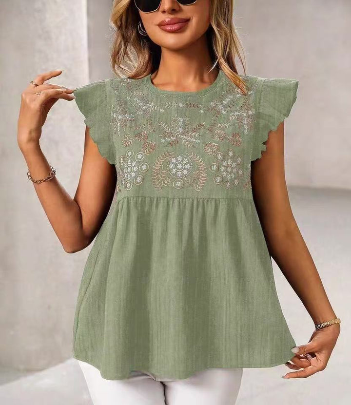 Damen Lockeres besticktes Babydoll-Top mit Rüschenärmeln Echo Archiv