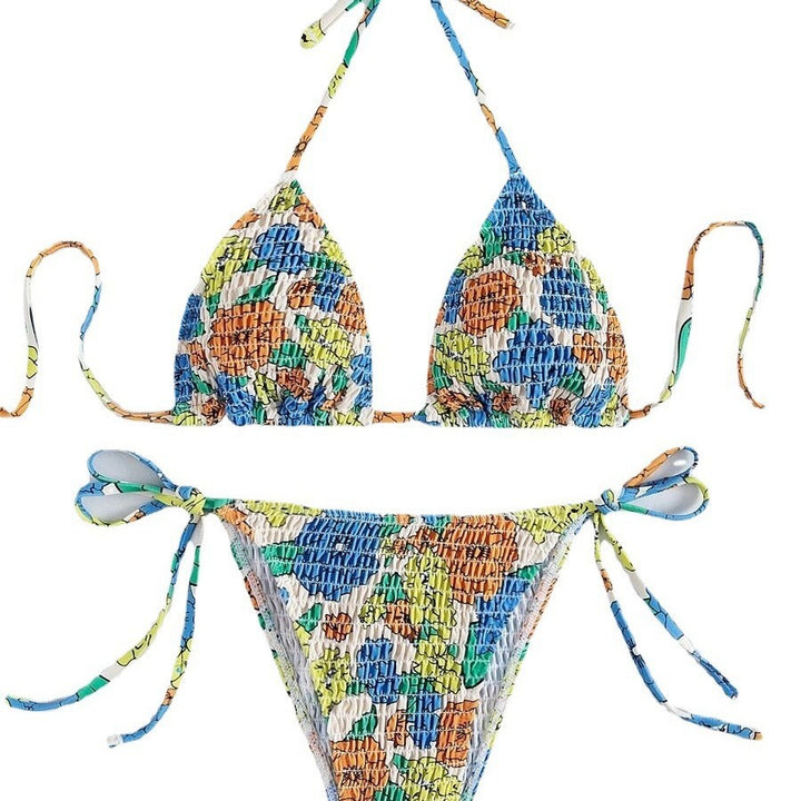 Damen Triangel-Bikini mit buntem Floral-Muster und elastischen Bindebändern Echo Archiv