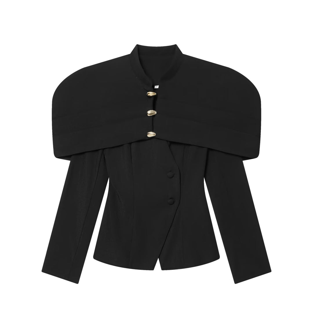 Damen elegante Blazerjacke mit übergroßen Schulterklappen und goldenen Knopfdetails Echo Archiv