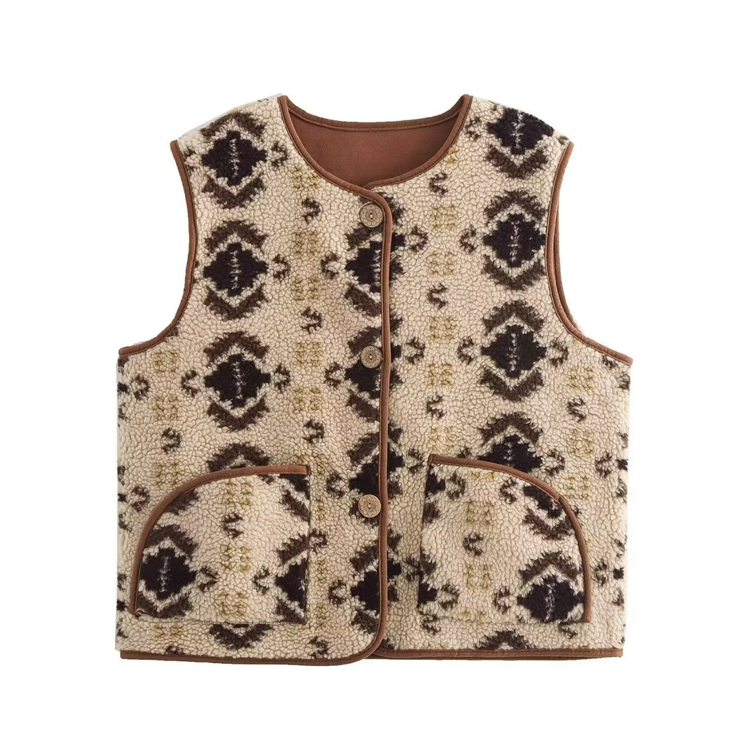 Damen Gemusterte Teddyweste im Bouclé‑Look mit aufgesetzten Taschen Echoarchiv