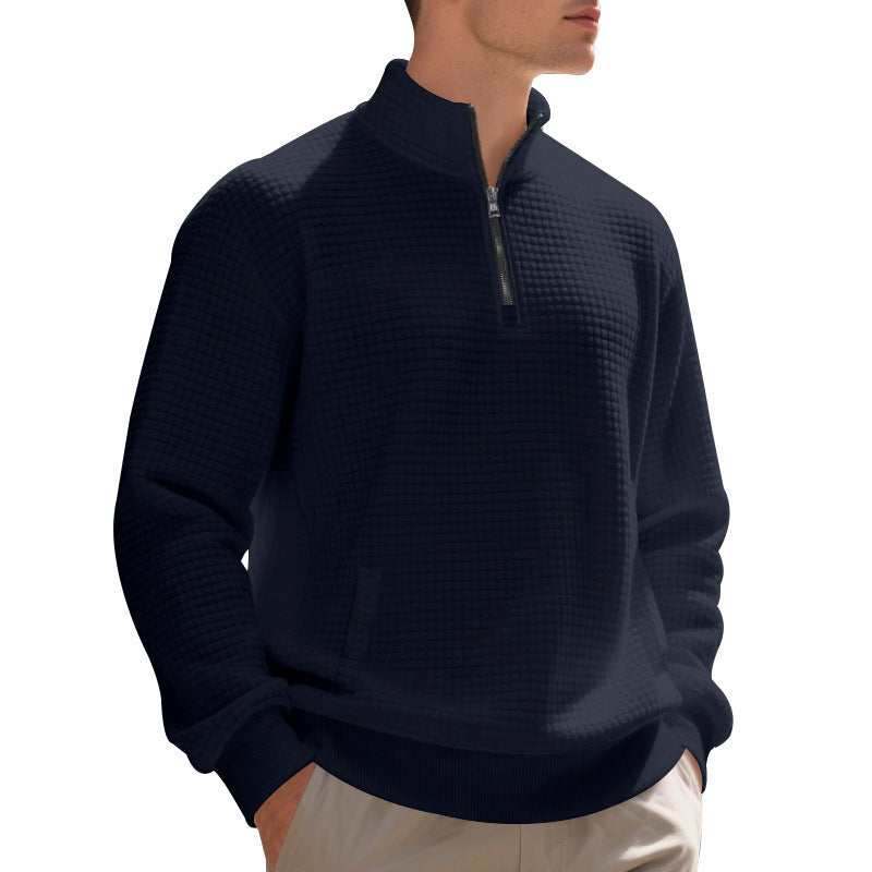 Herren Waffelstrick-Halbzip-Pullover mit Stehkragen, Kängurutasche & gerippten Abschlüssen – Cavarno
