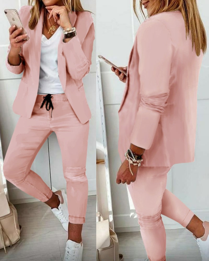 Damen nan Smart-Casual Blazer-Set mit offenem Longblazer und tapered Jogpant mit Kordelzug Echo Archiv