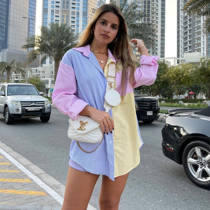 Damen nan oversized Hemdbluse mit Blockstreifen und Brusttasche Echo Archiv