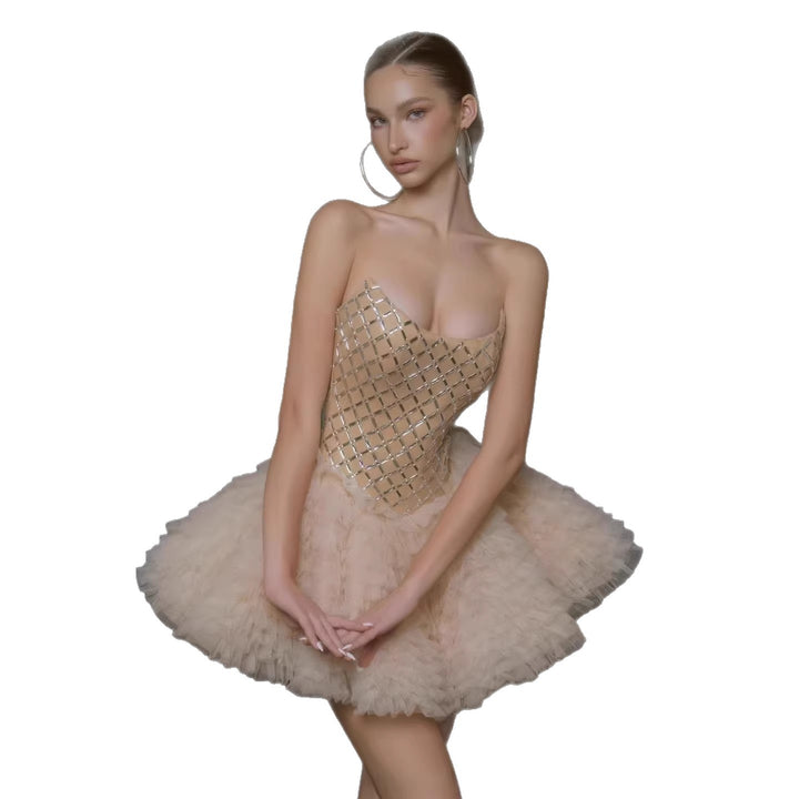 Damen Glamouröses Tüll-Cocktailkleid mit schimmerndem Oberteil Echo Archiv