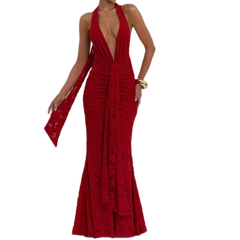 Damen Elegantes, figurbetontes Abendkleid mit tiefem V-Ausschnitt und Rüschendetails Echo Archiv