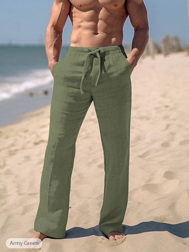 Herren weite Resort-Freizeithose im Palazzo-Stil aus Leinenmix mit Tunnelzug und seitlichen Eingrifftaschen – Sorevano