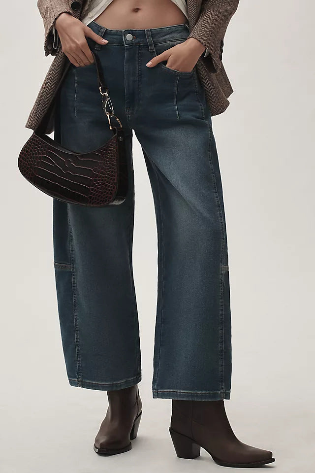 Damen nan hochgeschnittene weite Culotte-Jeans mit verkürzter Länge und dekorativen Nahtdetails Echo Archiv