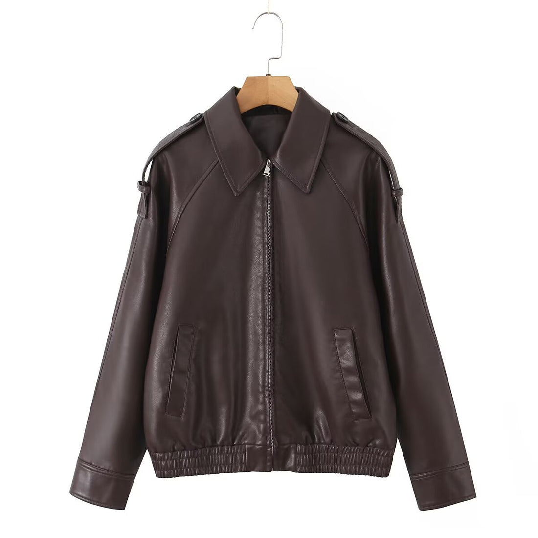 Damen Oversized Lederimitat-Flightjacke mit Bonded-Kragen, Schulterklappen und elastischem Saum Echo Archiv