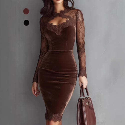 Damen Elegantes Samtkleid mit Spitzeneinsätzen und tailliertem Schnitt Echo Archiv