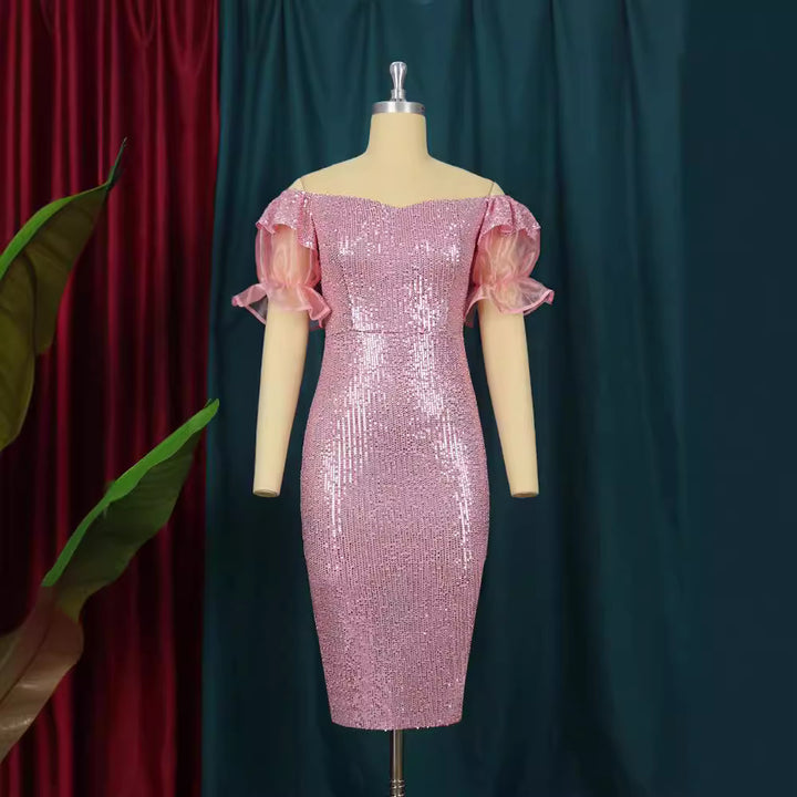 Damen glamouröses Abendkleid mit Glitzer und transparenten Puffärmeln Echo Archiv