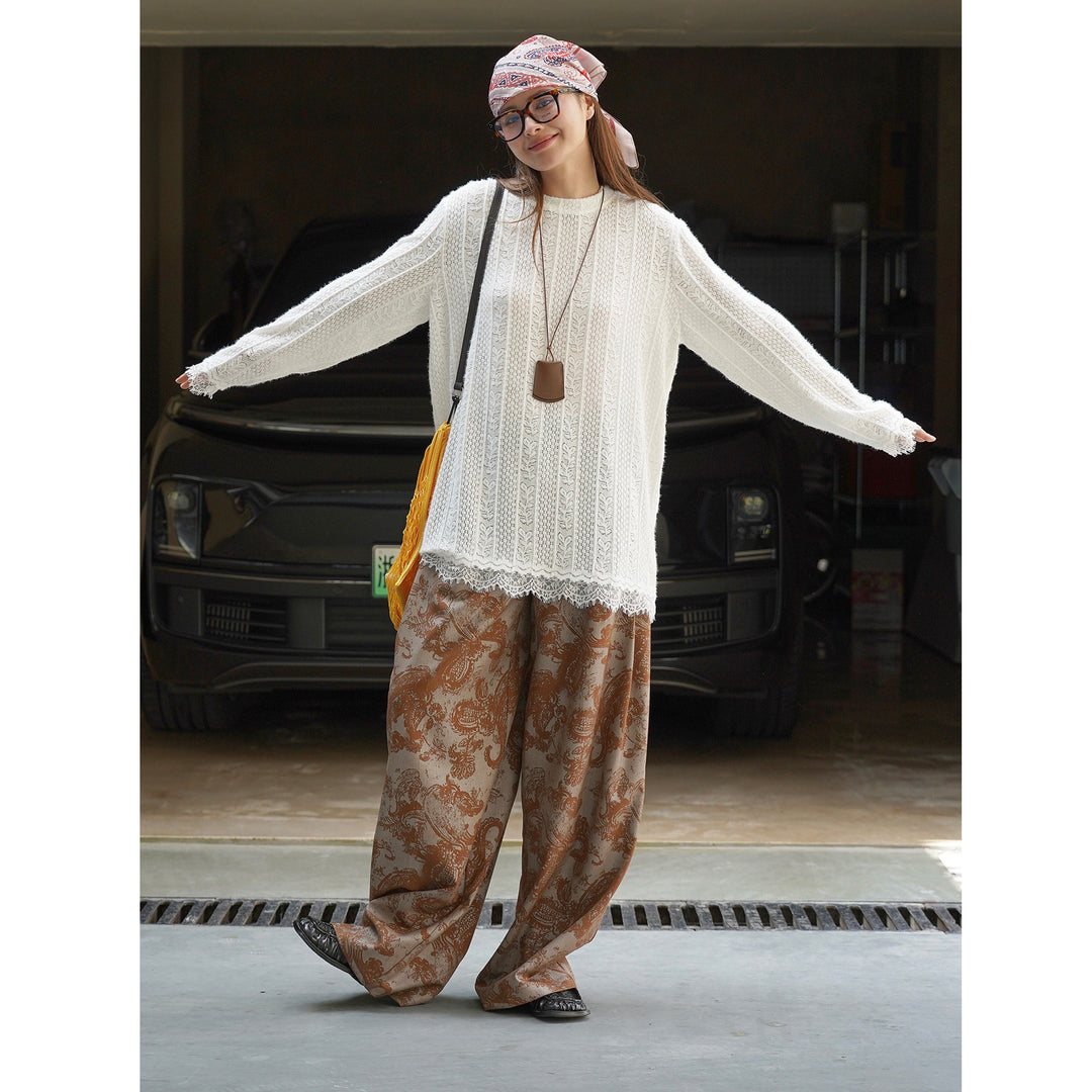 Damen Transparenter Ajourstrick-Pullover mit Spitzenkante Echoarchiv
