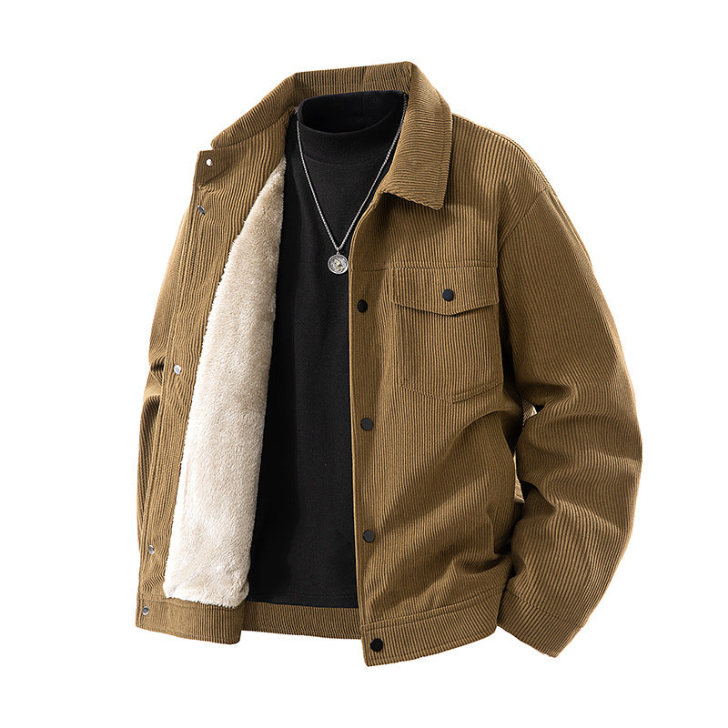 Männliche -Cord-Jacke mit Kunstschafsleder-Futter und Druckknopfverschluss Echo Archiv