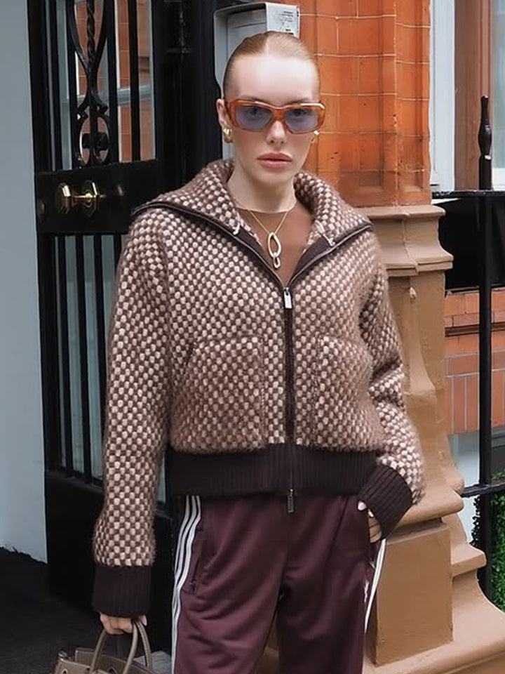 Damen Kurzgeschnittener Strick-Zipcardigan mit Kapuze und Strukturmuster Echoarchiv