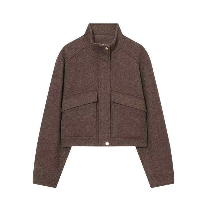 Damen Kurz geschnittene Wollmix-Boxy-Jacke mit Stehkragen und Pattentaschen Echoarchiv