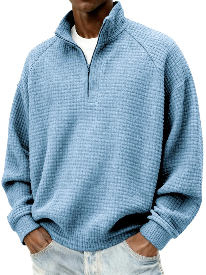 Herren Waffelstrick-Oversize-Pullover mit Halbreißverschluss und Stehkragen Echoarchiv