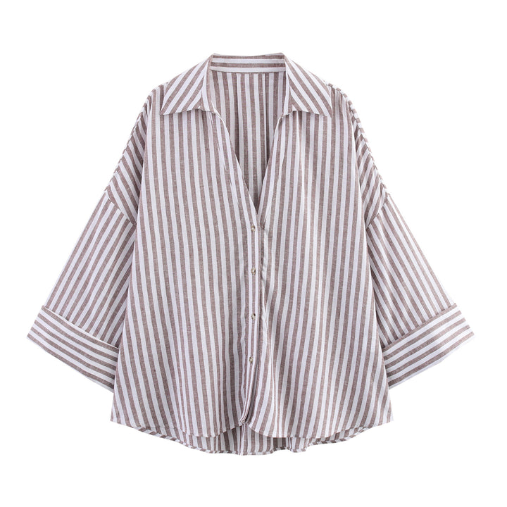 Damen nan oversized Streifen-Hemdbluse mit überschnittener Schulter, 3/4-Ärmel und verlängertem Rückensaum Echo Archiv
