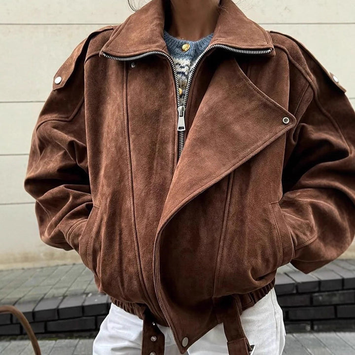 Damen Oversize-Bomberjacke im Velourslook mit hohem Stehkragen und Taillengürtel Echo Archiv